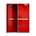 Red Double Fire Exit Doors with Push Bars and Closers on White Background double doors emergency exit Royalty Free Stock Photo
