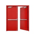 Red Double Fire Exit Doors with Push Bars on White Background emergency exit double doors Royalty Free Stock Photo
