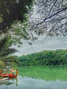 a red dragon boat that is traveling across a serene green lake