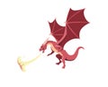 Red dragon breathes fire. Mythical winged beast