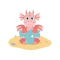 Red dragon in egg shell sitting on sand. Cute cartoon character in flat style. Vector illustration on white background. Royalty Free Stock Photo