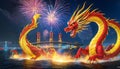 Majestic Red Dragon Amidst Fireworks by the Sea AI Generative