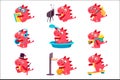 Red Dragon Everyday Activities Set Of Illustrations
