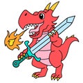 The red dragon gave off flames carrying a sword weapon doodle icon image kawaii