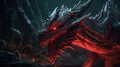 a red dragon with glowing eyes in a dark cave with rocks