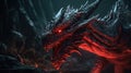 a red dragon with glowing eyes in a dark cave with rocks Royalty Free Stock Photo