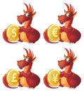 Red Dragon guards symbols of different currencies. Dollar, euro, yen, pound sterling.