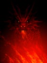 Fierce red dragon head emerging from darkness