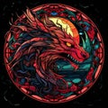 a red dragon head in a stained glass window