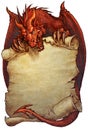 Red dragon holding an ancient scroll - fantasy illustration Royalty Free Stock Photo