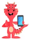 Red dragon is holding mobile phone, illustration, vector