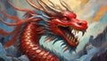 Red dragon. Legendary creature in Chinese mythology. Oil painting