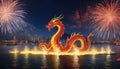 Dragon Emerging from Waterfront Fireworks Display AI Generative