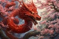 Red dragon and sakura flower drawing, Year of Dragon 2024, Generative AI