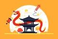 Red dragon and shinto shrine - modern colored vector illustration