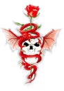 Red dragon with skull and rose - Hand draw