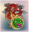 Red dragon tattoo Japanese style.Chinese Dragon fighting with Corona virus