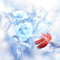 Red dragonfly in the snow on blue roses in a fairy garden. Artistic Christmas image. Red and blue tone.