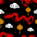 Red dragons with clouds and lantern in the starry sky. Seamless vector pattern.
