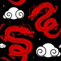Red dragons with clouds in the starry sky. Seamless vector pattern.