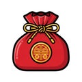 Red drawstring pouch adorned with golden circular emblem featuring traditional chinese patterns Royalty Free Stock Photo
