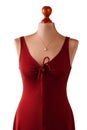 Red dress with keyhole neckline.