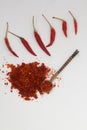 Red dried crushed hot chili peppers and chili flakes or powder isolated on white background, healthy turkish spice Royalty Free Stock Photo