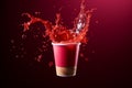 Red drink erupts joyfully from a vibrant paper cup, creating playful splashes