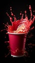 Red drink erupts joyfully from a vibrant paper cup, creating playful splashes