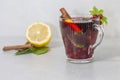 Red drink with fruits, lemon and cinnamon on a light background Royalty Free Stock Photo