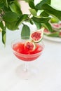 Red drink with ice. Alcoholic beverages decorated with fresh fig fruits on white background. Campari aperol drink