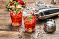 Red drink with ice. Aperitif, mojito, caipirinha, juice, cocktail Royalty Free Stock Photo