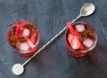 Red drink with ice. Cocktail making bar tools, strawberry and thyme leaves Royalty Free Stock Photo