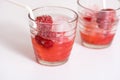 Red drink with ice, mint leaves and strawberry. Cocktail making bar tools Royalty Free Stock Photo