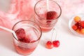 Red drink with ice, mint leaves and strawberry. Cocktail making bar tools Royalty Free Stock Photo