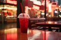 a red drink sitting on a table in front of a red neon sign