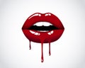 Red Dripping Girl Lips. Woman Bleeding Red Mouth. Melting Kiss With Lipstick, Gloss. Valentines, Mothers Day Logo