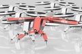 Red drone leading white drones on white background 3D rendering Royalty Free Stock Photo