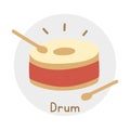 Red drum clipart cartoon style. Wooden drum and drum sticks percussion instrument flat vector illustration. Drum vector design