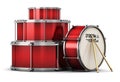 Red drum set with drumsticks