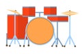 Red drum set on white background bass tom-tom ride cymbal crash hi-hat snare stands Flat design Vector Illustration