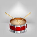 Red drum and wooden drumsticks. Vector