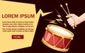 Red drum and wooden drum sticks. Hand hold drumsticks. Musical instrument, drum machine. Flat  illustration on dark Royalty Free Stock Photo