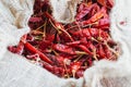 Red dry chili peppers lay down in the white sack. Dry food, Food ingredients, dry ingredients