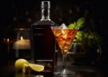 Red dry martini glass with ice and mint leaf on dark table with bottle.Macro.AI Generative