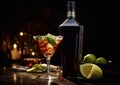 Red dry martini glass with ice and mint leaf on dark table with bottle.Macro.AI Generative