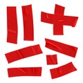 Red duct tape set. Realistic red adhesive tape pieces for fixing isolated on white background. Scotch cross and paper