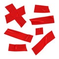 Red duct tape set. Realistic red adhesive tape pieces for fixing isolated on white background. Scotch cross and paper Royalty Free Stock Photo