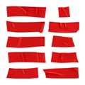 Red duct tape set. Realistic red adhesive tape pieces for fixing isolated on white background. Scotch paper glued Royalty Free Stock Photo