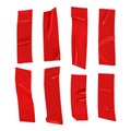 Red duct tape set. Realistic red adhesive tape pieces for fixing isolated on white background. Scotch paper glued Royalty Free Stock Photo